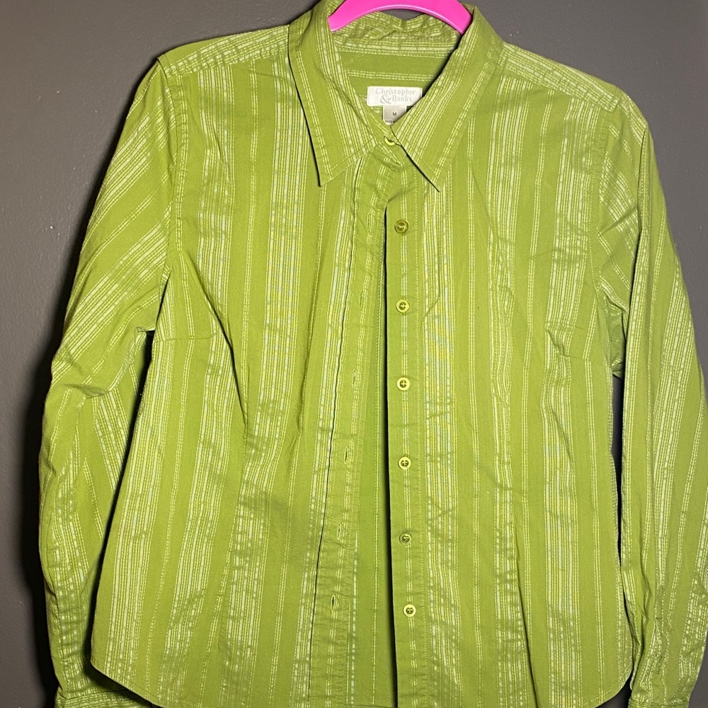 Lime Green with Silver Thread Striped Women's Button Shirt